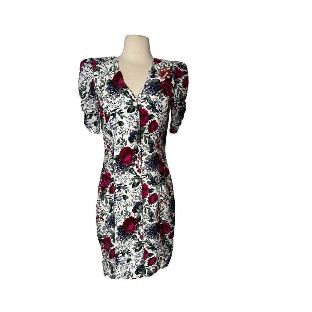 All that Jazz Floral Button Front Mini Dress Puff Sleeve White Red 80 SZ 7/8